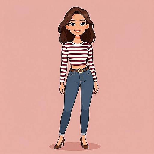 Digital illustration of a smiling woman with brown hair, wearing a red-and-white striped shirt, blue jeans, brown belt, and brown heels, standing against