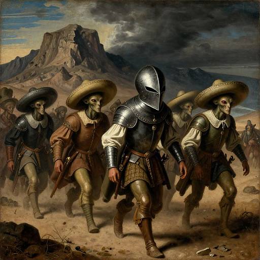 Baroque-style painting: Armored, masked soldier leads green-skinned, hat-wearing warriors across desert landscape with rocky mountains and stormy sky.