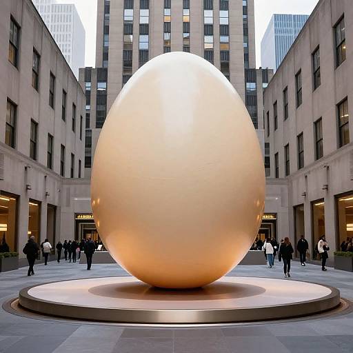 Photograph of a large, glowing, white, spherical sculpture in a modern urban plaza surrounded by tall buildings and numerous pedestrians.