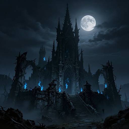 Gothic, ruined castle under full moon, dark blue ethereal glow from windows, surrounded by twisted, blackened trees, digital artwork.