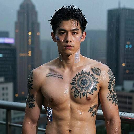 Photograph of a muscular, tattooed Asian man with wet skin, standing shirtless on a rainy rooftop with city skyline background. Large sunflower tattoo