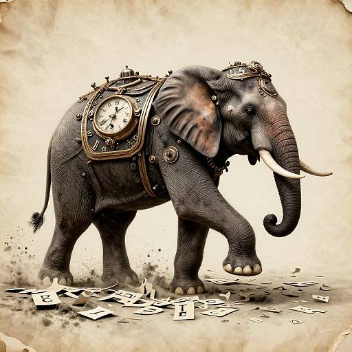 Digital illustration of a clock-wearing elephant stepping on scattered playing cards, set against a sepia-toned, textured background.