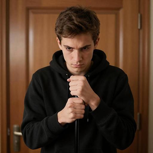 Young Man Gripping Cane at Door