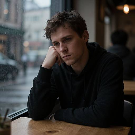 Photograph of a pensive young man with messy brown hair, wearing a black hoodie, resting his head on his hand at a rainy window table in