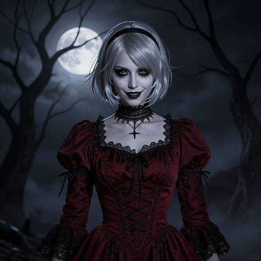 Digital artwork of a pale, silver-haired gothic woman with black lipstick, wearing a dark red lace dress and cross necklace, under a full moon in