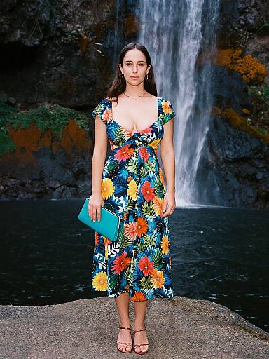 Photograph of a woman with long brown hair, wearing a colorful floral dress, holding a blue clutch, standing in front of a waterfall.