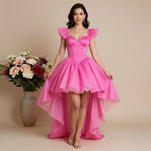 Photograph of a woman with dark hair in a pink, ruffled, tiered gown with a sheer back, standing in front of a beige wall