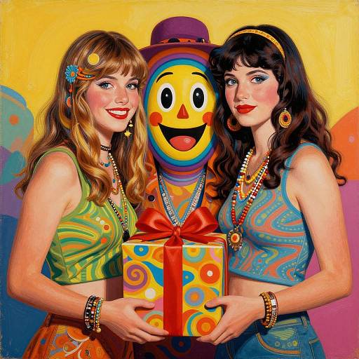 Digital illustration of two smiling women with 1960s styles, holding a colorful gift box to a smiling emoji-costumed figure. Vibrant yellow background