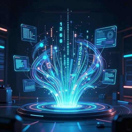 Digital CGI of a glowing blue energy sphere in a dark room, with neon blue holographic data screens floating around.