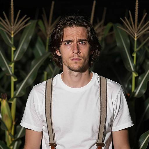 Serious Man in Dark Cornfield at Night