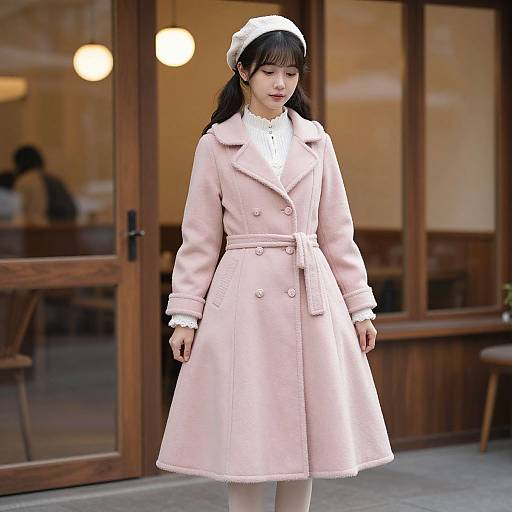Photograph of an East Asian woman with long black hair, wearing a white headband, pink coat, white blouse, and white frilled cuffs,