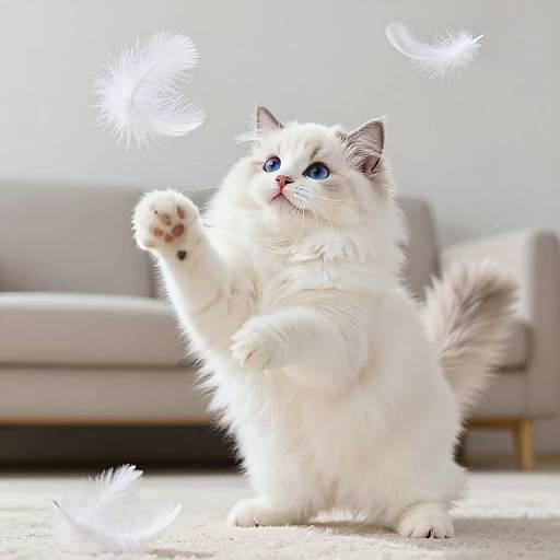 Photograph of a fluffy white kitten with bright blue eyes, playfully reaching for glowing white feathers in a sunlit room.