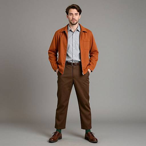 Photograph of a bearded man with short dark hair, wearing an orange jacket, white shirt, brown pants, black belt, green socks, and