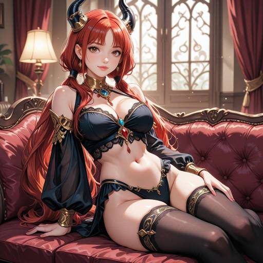 Fantasy Redhead Woman in Dark Costume with Horns