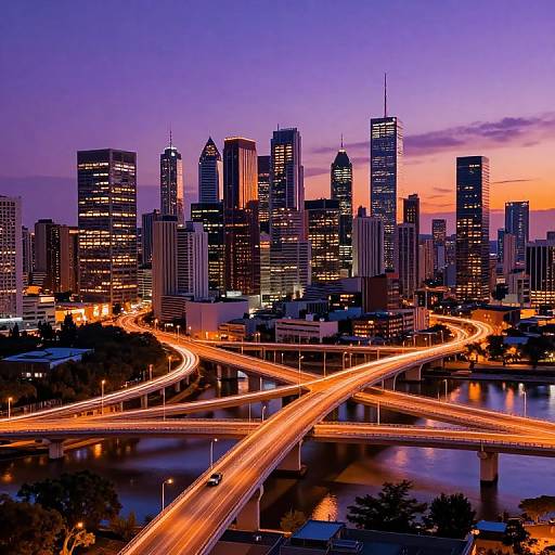 Photograph of a vibrant cityscape at sunset, featuring a bustling highway with light trails, illuminated skyscrapers, and a purple-orange sky.