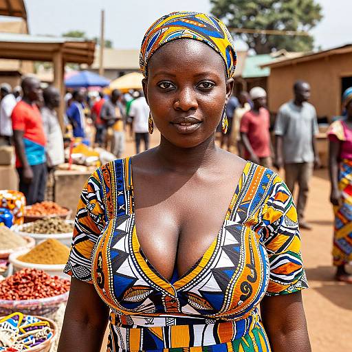 Photograph of a dark-skinned African woman with large breasts, wearing a colorful, patterned dress and headscarf, standing in a bustling outdoor