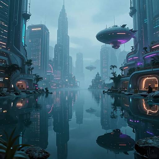 Cyberpunk cityscape at dawn with towering skyscrapers, neon lights, floating hovercrafts, reflective waterway, and misty blue sky