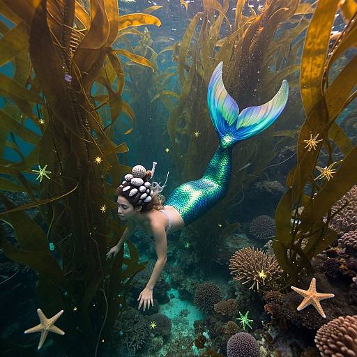 Mermaid Swimming Through Kelp Forest