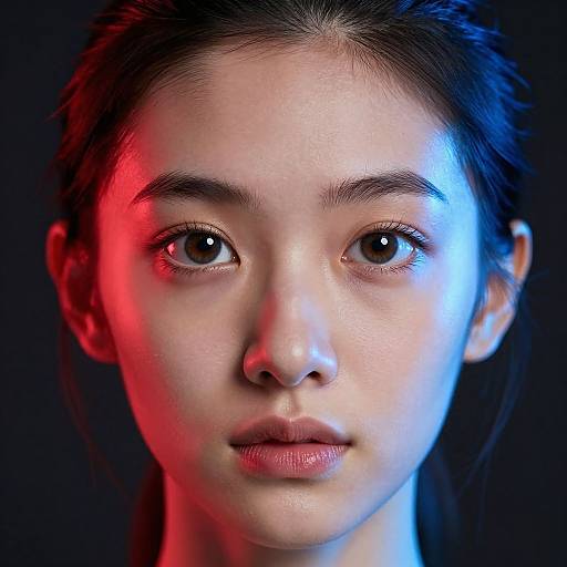 Close-up photograph of a young Asian woman with fair skin, dark hair, and brown eyes, illuminated by red and blue light against a black background.