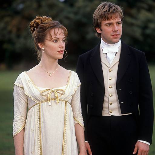Photograph of a Victorian-era couple; woman in white dress with gold trim, brunette updo; man in black suit, white vest, and tie
