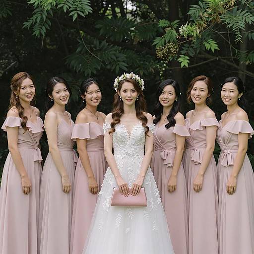 Bride with Bridesmaids in Blush Dresses Outdoors