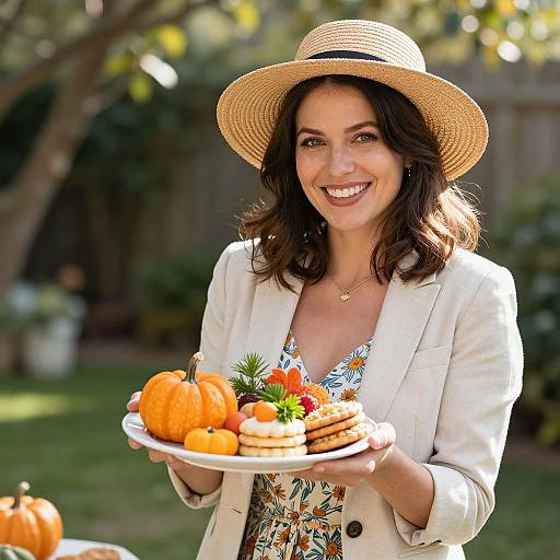 Smiling woman in a straw hat and white blazer, holding a plate of pumpkin-themed pancakes and small pumpkins, outdoors in a sunny garden.
