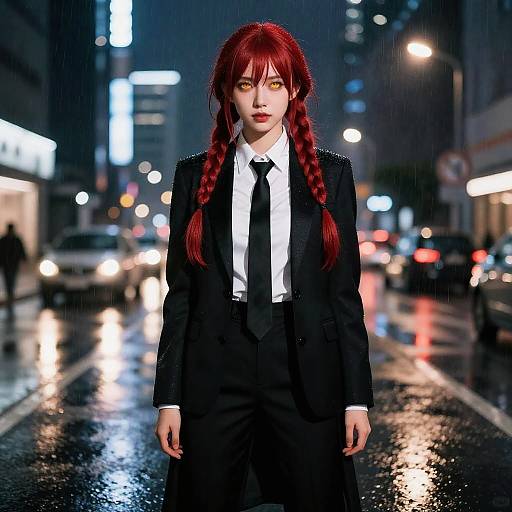 Digital art of a red-haired woman with braids, yellow eyes, black suit, white shirt, and black tie, standing in a rain-soaked