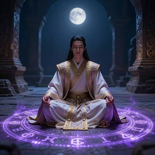 Photograph of an Asian man in ornate white and gold traditional robes, meditating in a dimly lit, ancient temple with a glowing purple magic