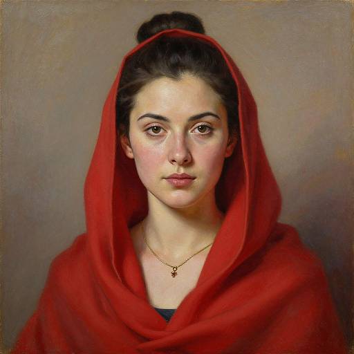 Digital portrait of a young woman with fair skin, dark hair in a bun, wearing a red headscarf and gold necklace, against a beige background