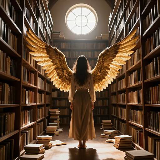 Photograph of a woman with large, golden wings, standing in a dimly lit library aisle, facing a circular window, surrounded by stacked books.