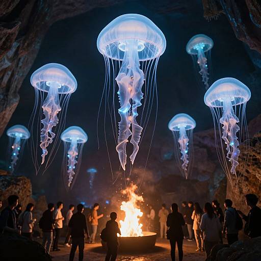 Photograph of glowing blue jellyfish suspended above a fire in a dark cave, surrounded by silhouetted onlookers.