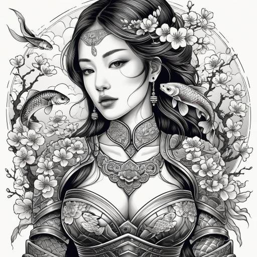 Asian Warrior Woman with Koi and Cherry Blossoms
