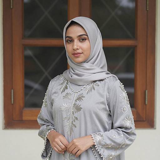 Elegant Young Woman in Silver Hijab