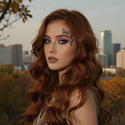 Photograph of a beautiful young woman with wavy auburn hair, butterfly tattoos on her forehead, blue eyes, and urban cityscape background.