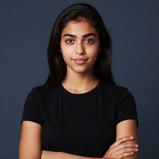 Photograph of a young South Asian woman with long black hair, dark brown eyes, and medium brown skin, wearing a black shirt, standing against a