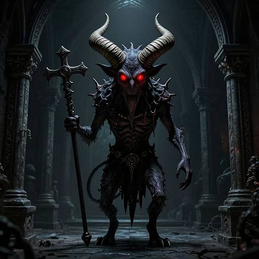 Dark, demonic creature with glowing red eyes, large horns, and spiked armor stands menacingly in a dim, Gothic cathedral. Digital artwork.