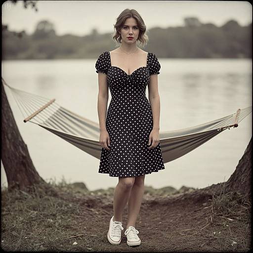 Photograph of a young woman with wavy brown hair, wearing a black polka dot dress and white sneakers, standing in front of a hammock