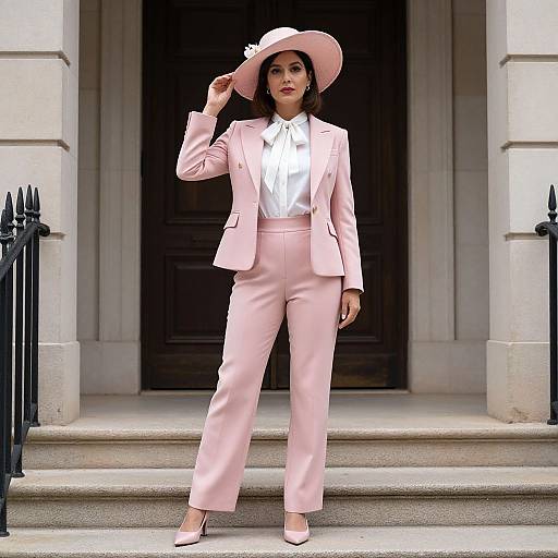 Photograph of a stylish woman in a pink suit, white blouse, and matching hat, standing on stone steps with a dark wooden door behind her.