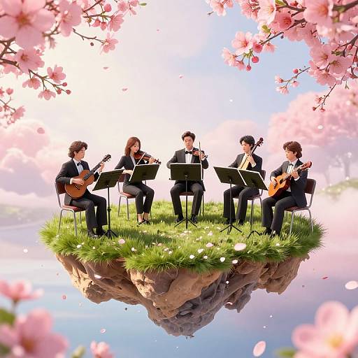 Digital illustration of five musicians in black suits playing on a floating grassy island, surrounded by pink cherry blossoms and bright blue sky.