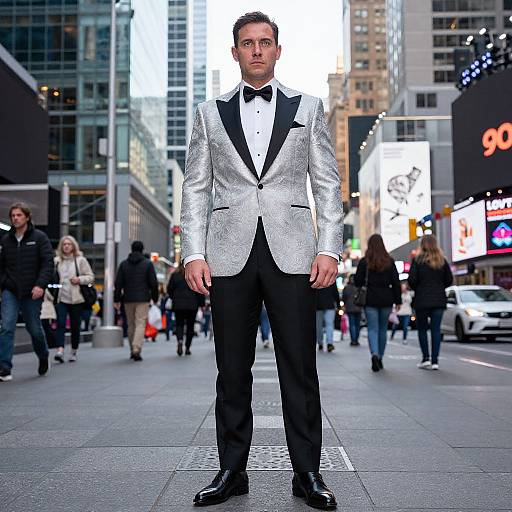 Photograph of a serious, short-haired man in a silver sequin tuxedo with black bow tie, standing in a bustling city street at night