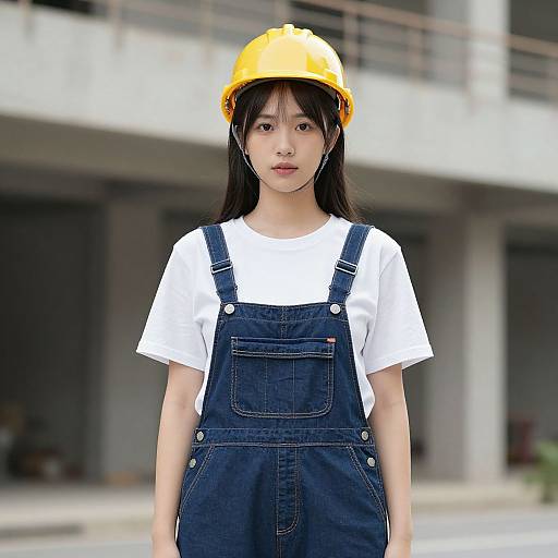 Photograph of an Asian woman with straight black hair, wearing a yellow hard hat, white shirt, and blue denim overalls, standing in front of