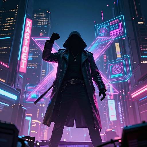 Cyberpunk Mysterious Figure in Futuristic City