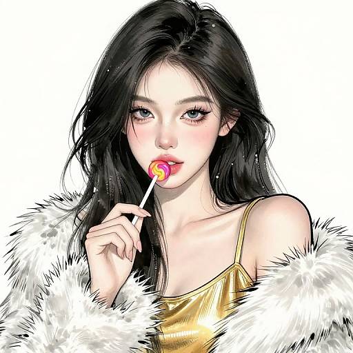 Digital anime-style portrait of a fair-skinned woman with long black hair, licking a red and yellow lollipop, wearing a gold dress and white fur