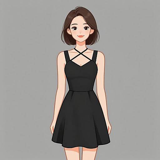 Digital anime-style drawing of a young woman with shoulder-length dark brown hair, wearing a black sleeveless dress with crisscross straps, standing against a