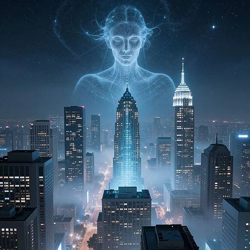 Digital artwork of a glowing, ethereal woman looming over a futuristic, neon-lit cityscape with skyscrapers, including the Empire State Building.