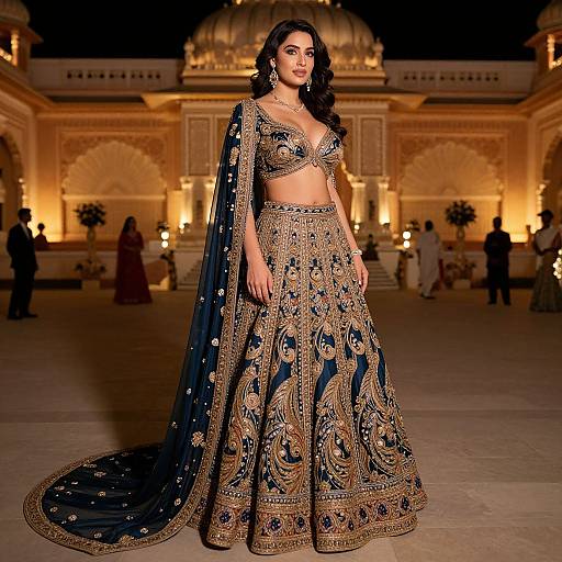 Photograph of a dark-haired woman in an elaborate gold and navy blue embroidered lehenga choli, standing in a grand, lit palace hall.