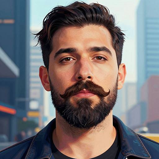 CGI photo of a bearded man with a thick, curly mustache, dark hair, and blue denim jacket, set against a blurred urban background