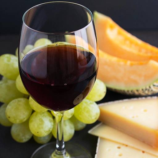 Glass of Red Wine with Grapes, Cheese, and Melon