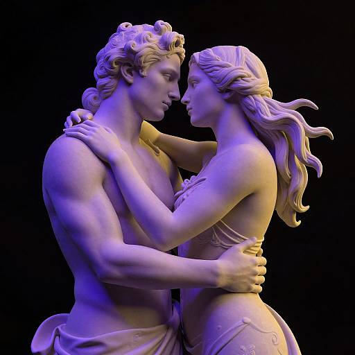 Photorealistic CGI of a purple-tinted, classical marble statue of a muscular, shirtless man and a woman with flowing hair, intimately embracing
