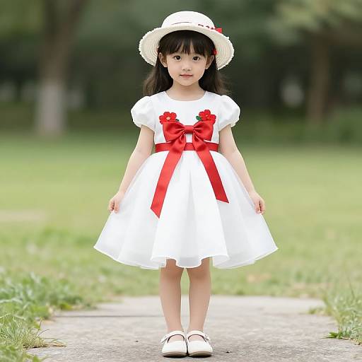 Young Girl in White Dress with Red Ribbon